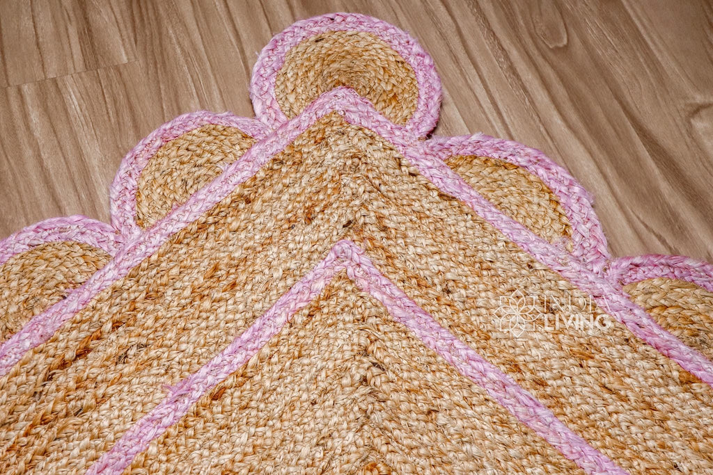 Natural Light Pink Scalloped Jute Rug, Custom Hand Braided Sustainable Eco-friendly Bohemian Decor runner rug, Custom made in any size