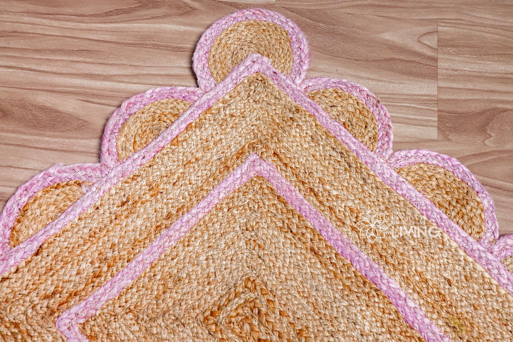 Natural Light Pink Scalloped Jute Rug, Custom Hand Braided Sustainable Eco-friendly Bohemian Decor runner rug, Custom made in any size