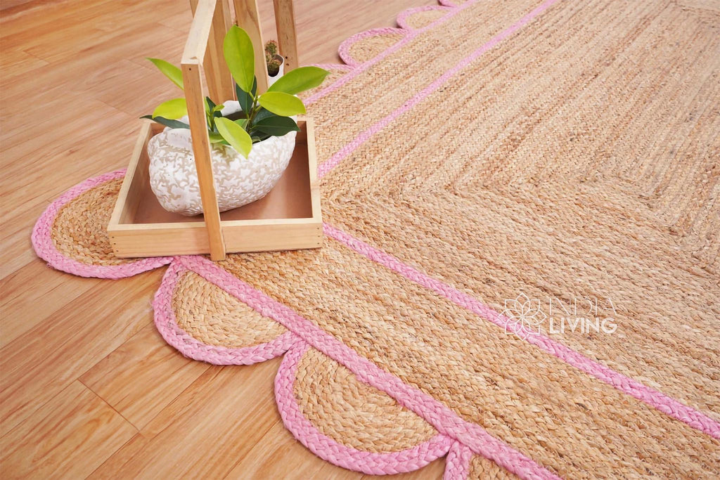 Natural Light Pink Scalloped Jute Rug, Custom Hand Braided Sustainable Eco-friendly Bohemian Decor runner rug, Custom made in any size