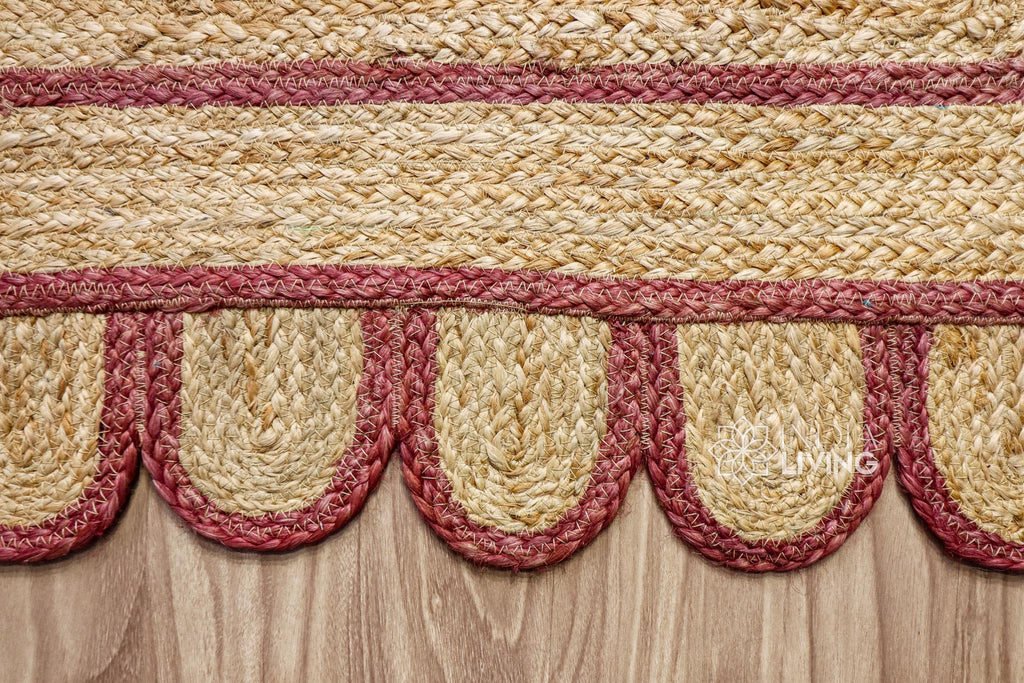 Natural Burgundy Scalloped Edge Jute Rug, Custom Hand Braided Sustainable Eco-friendly Bohemian Decor runner rug, Custom made in any size