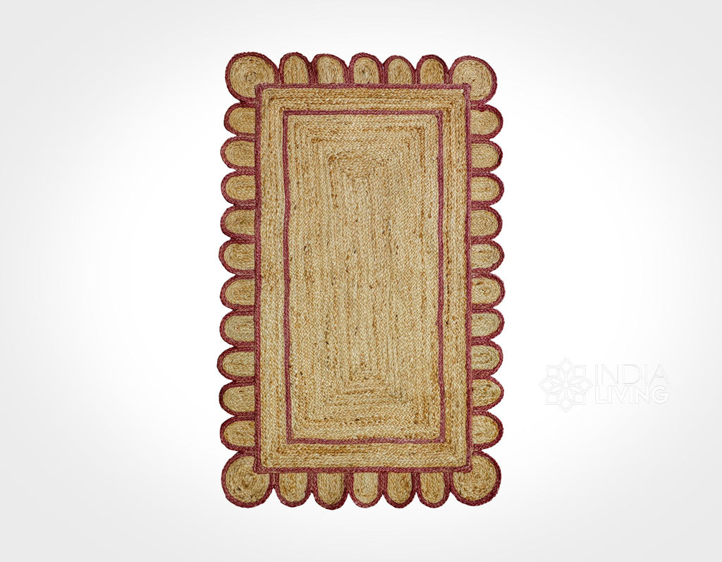 Natural Burgundy Scalloped Edge Jute Rug, Custom Hand Braided Sustainable Eco-friendly Bohemian Decor runner rug, Custom made in any size