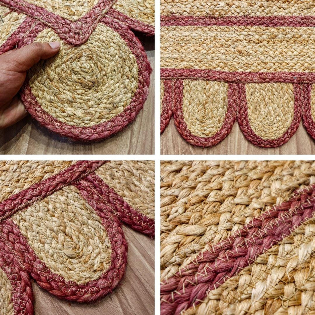 Natural Burgundy Scalloped Edge Jute Rug, Custom Hand Braided Sustainable Eco-friendly Bohemian Decor runner rug, Custom made in any size