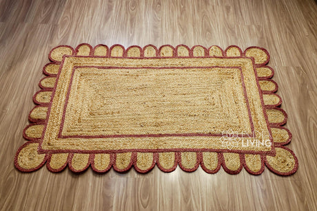 Natural Burgundy Scalloped Edge Jute Rug, Custom Hand Braided Sustainable Eco-friendly Bohemian Decor runner rug, Custom made in any size