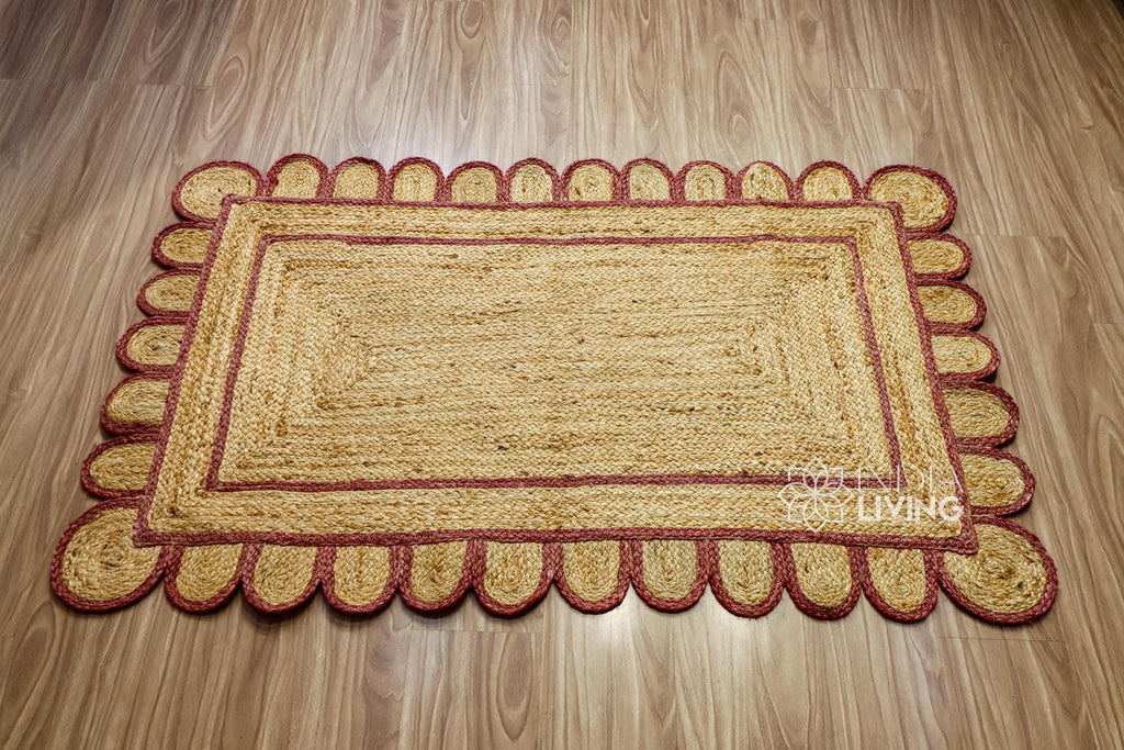 Natural Burgundy Scalloped Edge Jute Rug, Custom Hand Braided Sustainable Eco-friendly Bohemian Decor runner rug, Custom made in any size