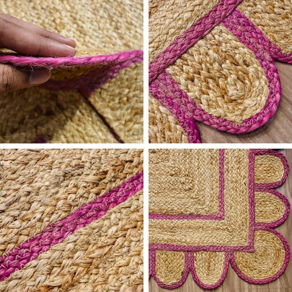Pink Scallop Edge Natural Jute Area Rug, Custom Hand Braided Sustainable Eco-friendly Bohemian Decor runner rug, Custom made in any size