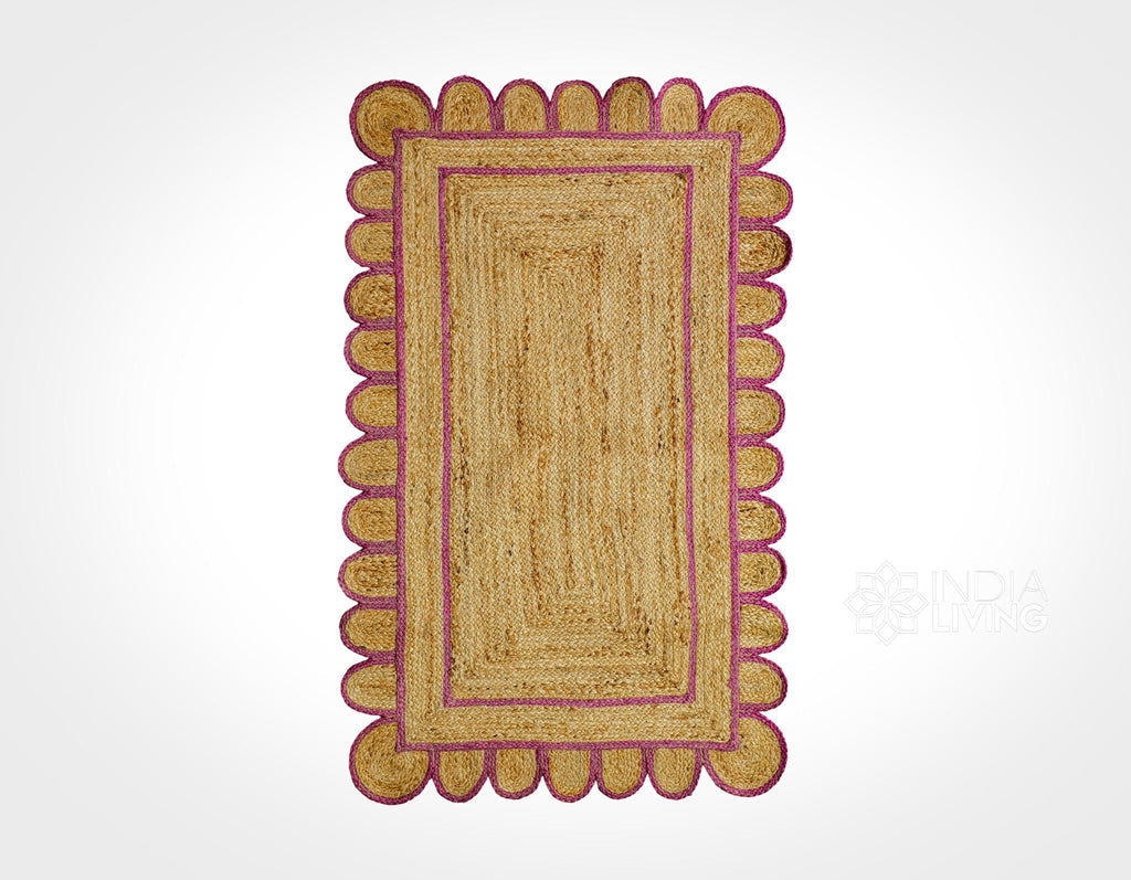Pink Scallop Edge Natural Jute Area Rug, Custom Hand Braided Sustainable Eco-friendly Bohemian Decor runner rug, Custom made in any size