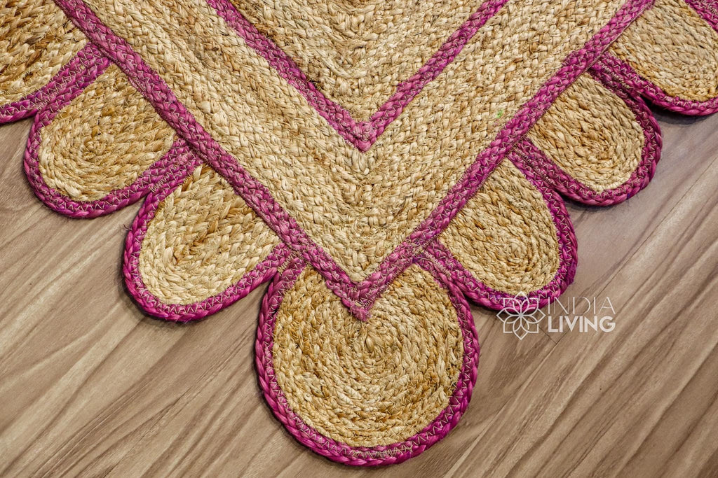 Pink Scallop Edge Natural Jute Area Rug, Custom Hand Braided Sustainable Eco-friendly Bohemian Decor runner rug, Custom made in any size