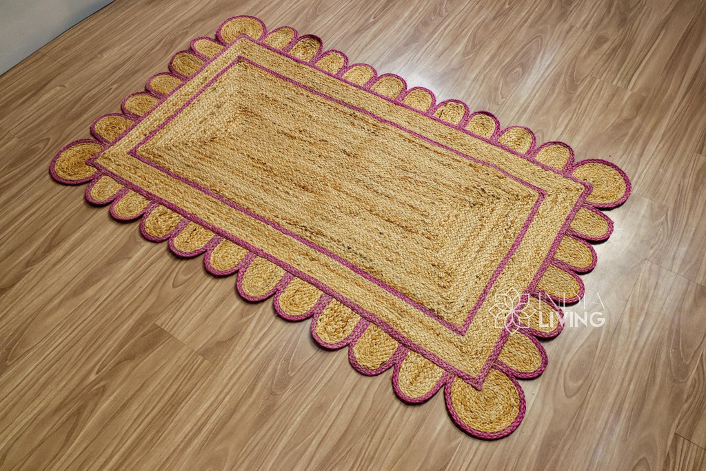 Pink Scallop Edge Natural Jute Area Rug, Custom Hand Braided Sustainable Eco-friendly Bohemian Decor runner rug, Custom made in any size