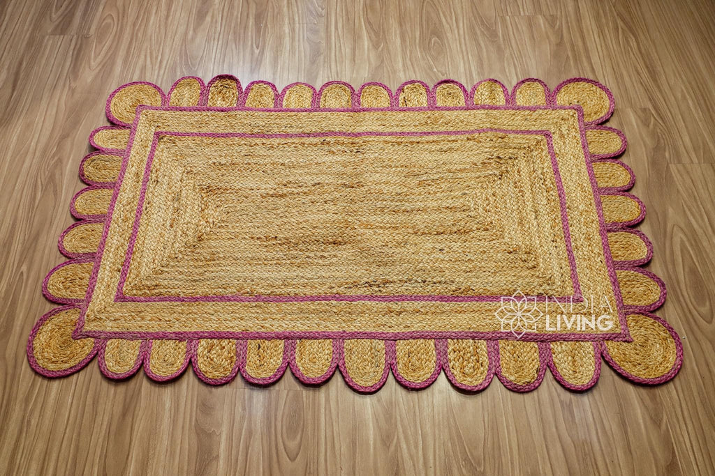 Pink Scallop Edge Natural Jute Area Rug, Custom Hand Braided Sustainable Eco-friendly Bohemian Decor runner rug, Custom made in any size