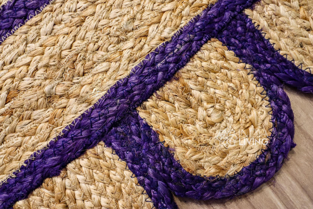 Purple Scallop Edge Natural Jute Area Rug, Custom Hand Braided Sustainable Eco-friendly Bohemian Decor runner rug, Custom made in any size