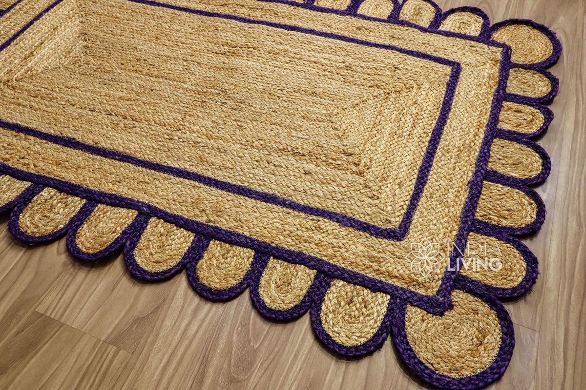 Corner view of purple jute runner showing braided weave
