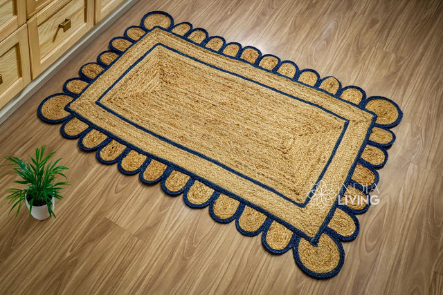 Navy blue scallop hand braided jute rug, full flat view