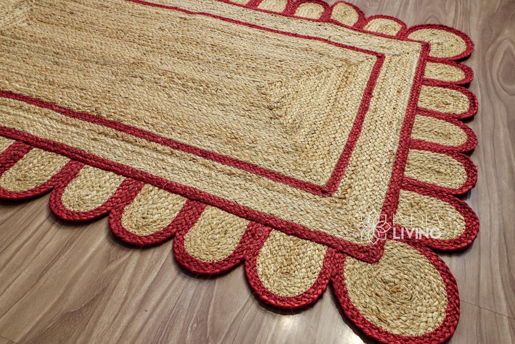 Red Scalloped Edge Natural Jute Area Rug, Custom Hand Braided Sustainable Eco-friendly Bohemian Decor runner rug, Custom made in any size
