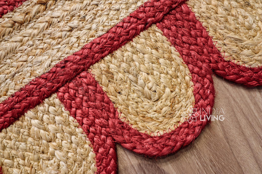 Red Scalloped Edge Natural Jute Area Rug, Custom Hand Braided Sustainable Eco-friendly Bohemian Decor runner rug, Custom made in any size