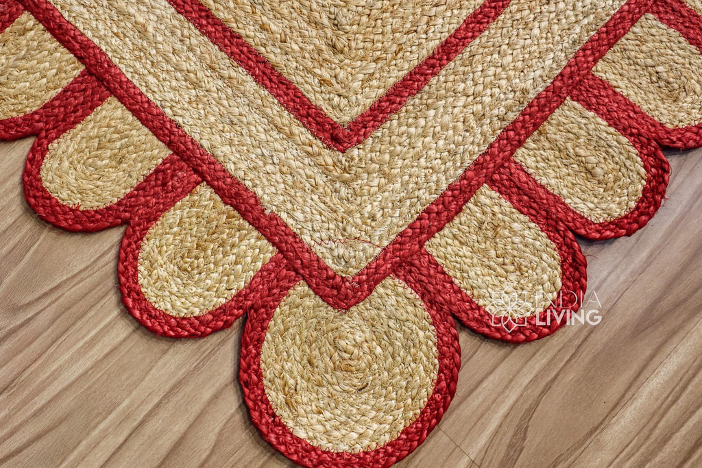 Red Scalloped Edge Natural Jute Area Rug, Custom Hand Braided Sustainable Eco-friendly Bohemian Decor runner rug, Custom made in any size