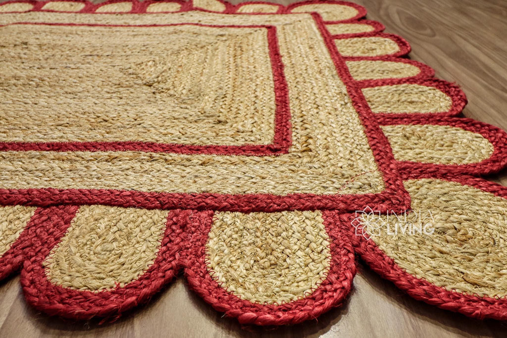 Red Scalloped Edge Natural Jute Area Rug, Custom Hand Braided Sustainable Eco-friendly Bohemian Decor runner rug, Custom made in any size