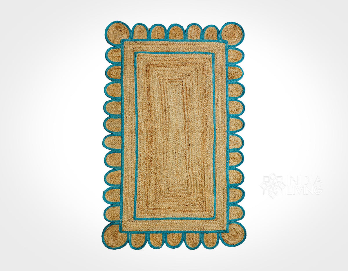 Teal blue jute runner styled in a hallway setting