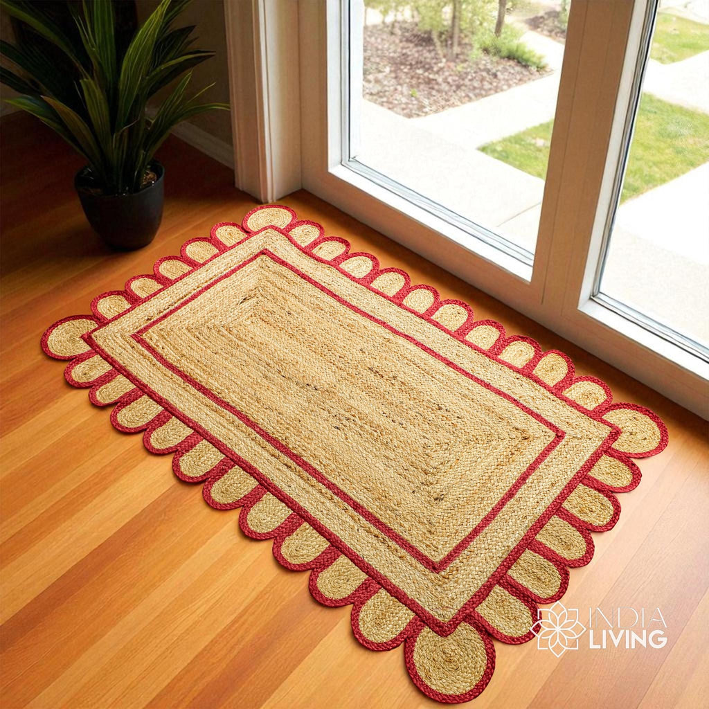 Red Scalloped Edge Natural Jute Area Rug, Custom Hand Braided Sustainable Eco-friendly Bohemian Decor runner rug, Custom made in any size