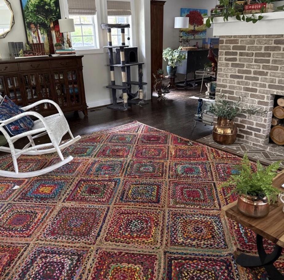 Multi Diamond Chindi Jute Rag Rug, Handcrafted Sustainable Home Decor - Natural Texture, vibrant Colours, Custom made Rainbow textured