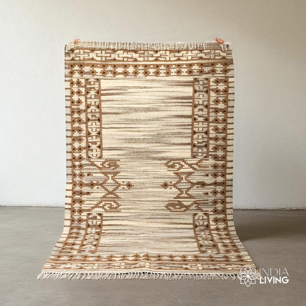 Beige wool kilim rug laid flat, full flatweave texture view