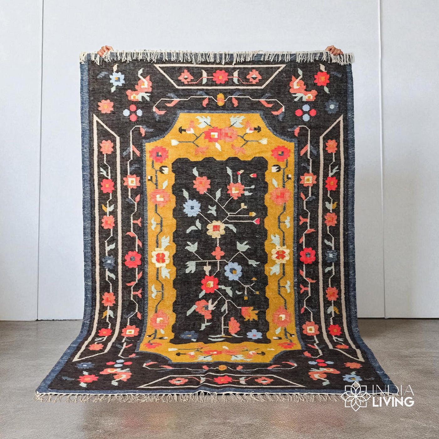 Multicolor wool area rug, flat lay view