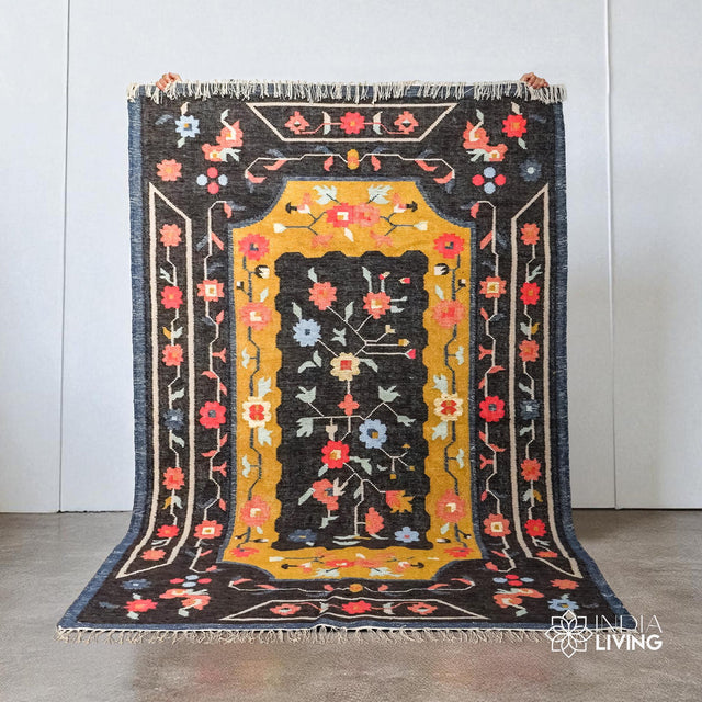 Multicolor wool area rug, flat lay view