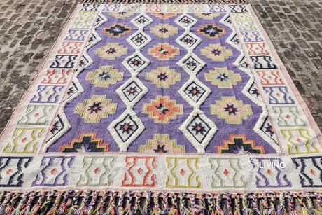 Purple Moroccan Kilim Rug, Mauve Bohemian decor aesthetic wool rug, Colourful Bedroom Boho rug, Living area rug 8x10, Custom made