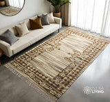 Overhead view of beige wool kilim rug on flooring