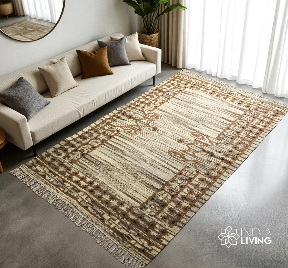 Overhead view of beige wool kilim rug on flooring