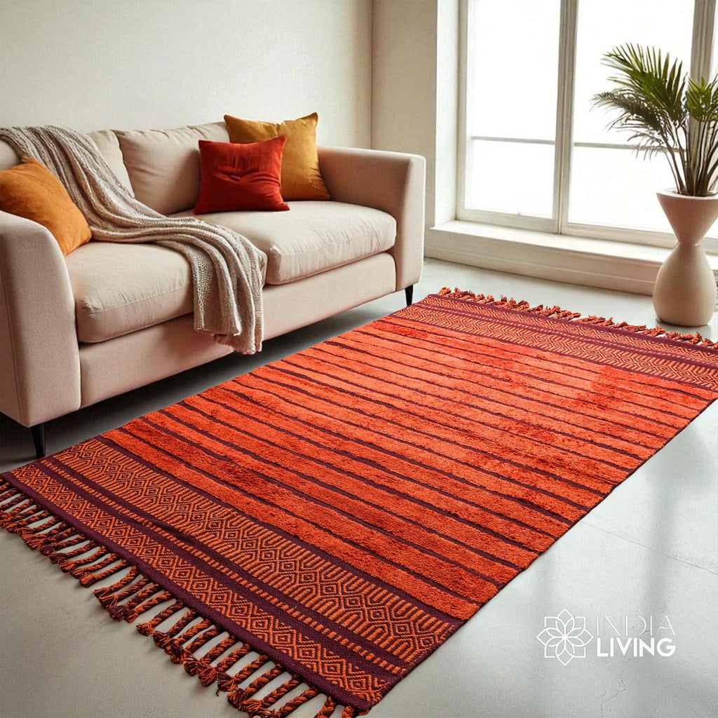 Red Bohemian Kilim Rug, Handwoven Geometric Moroccan Style Transitional Boho Decor, Indian Boho Living room rug 3x5 4x6 5x8 6x9 8x10