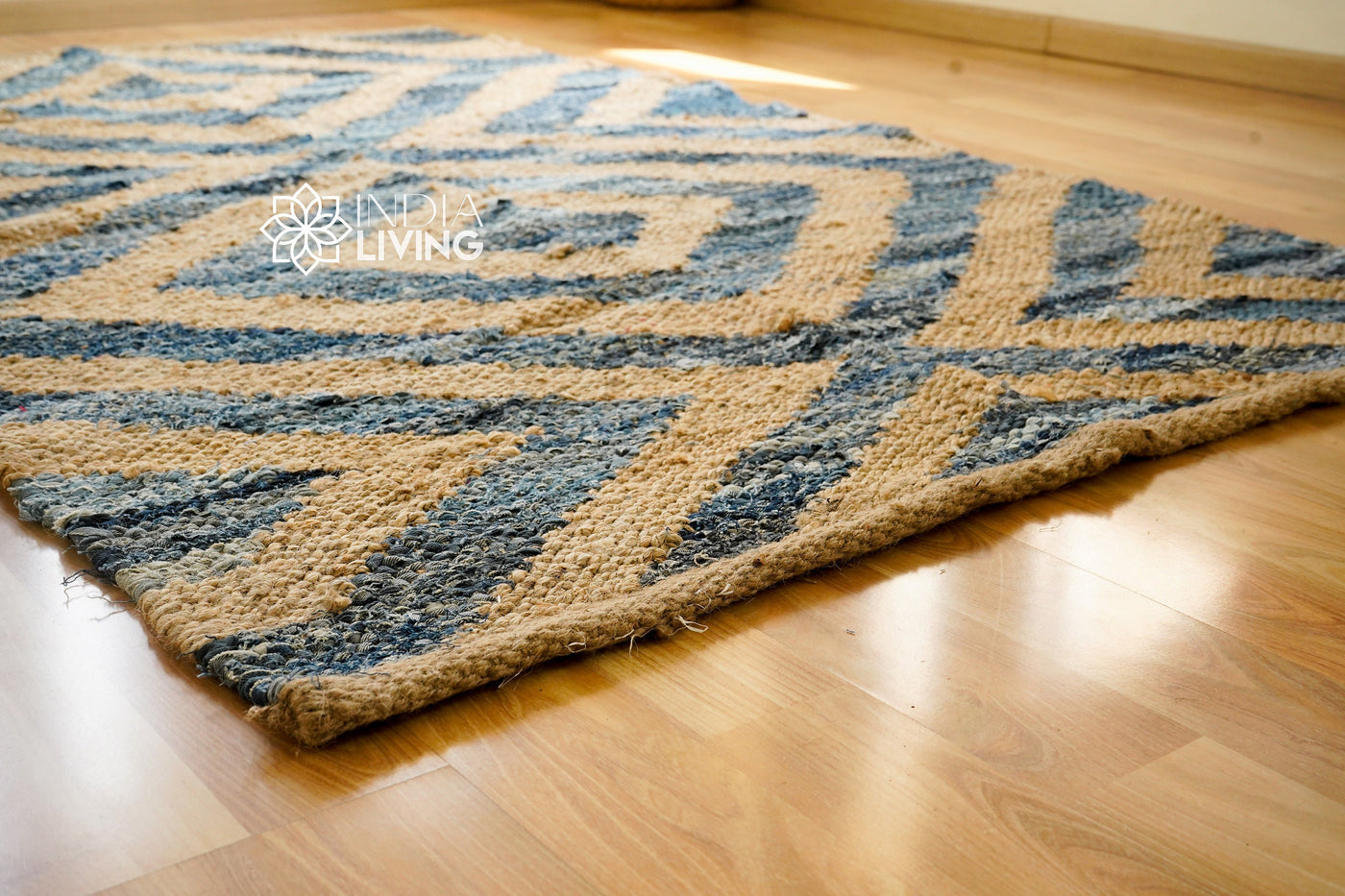 Denim jute hemp rug flat lay