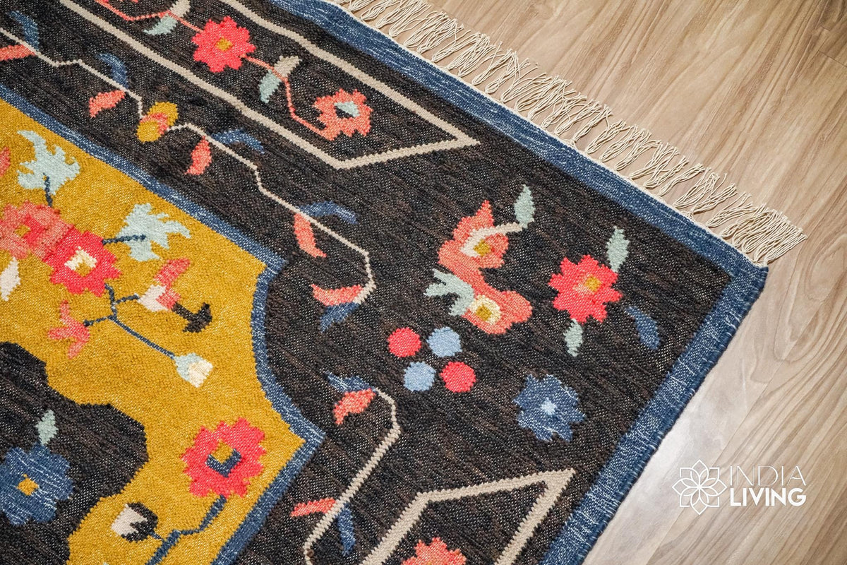 Multicolor wool rug styled in hallway
