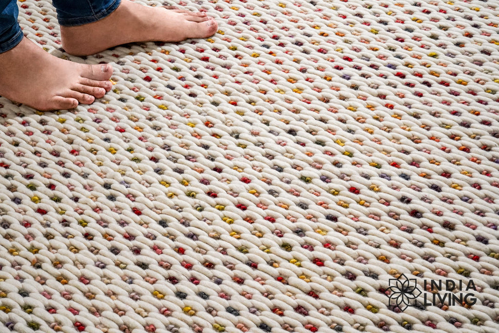 Multi Blend Hand made Chunky Looped Ivory Wool rug, Custom made Christmas Inspired Premium wool rug, Colourful Funky Kids room decor rug