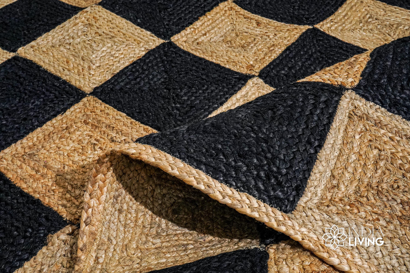 Checkered natural hand-braided jute runner rug, flat lay view