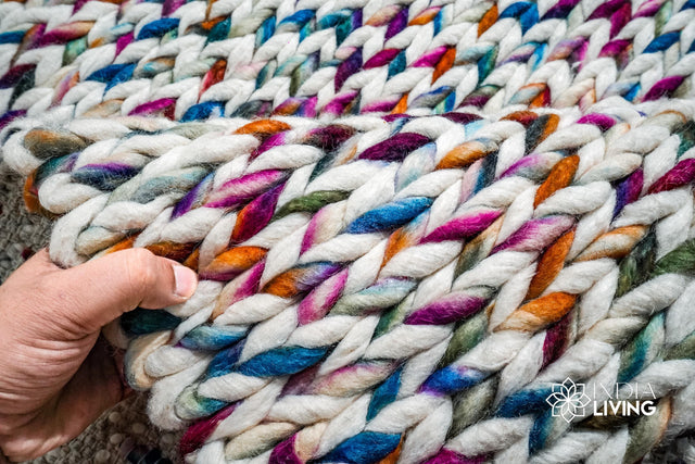 Rainbow cable knit chunky rug flat lay full view