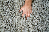 Taupe grey wool shag rug styled in a living room