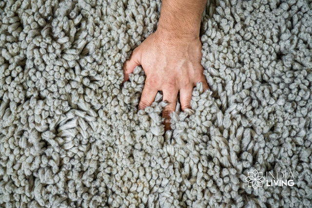 Taupe grey wool shag rug styled in a living room