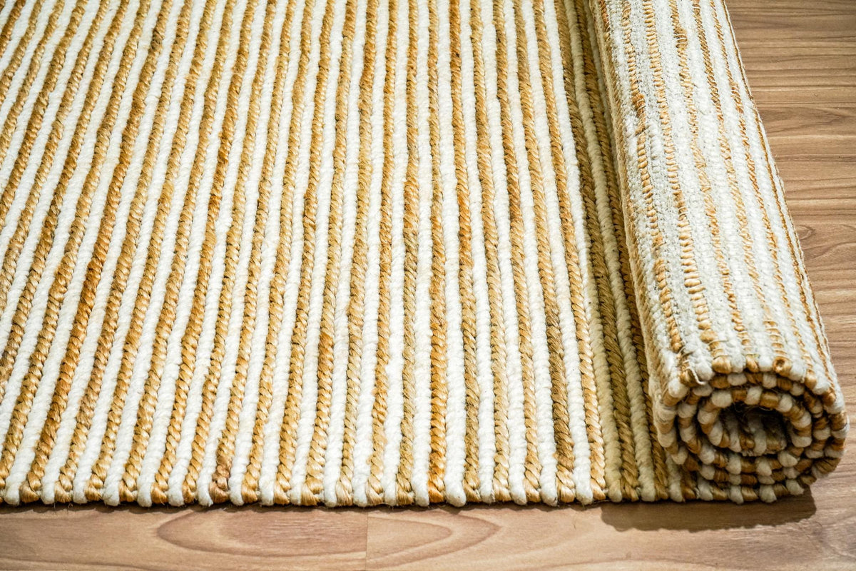 Close-up of chunky braid texture on wool jute rug