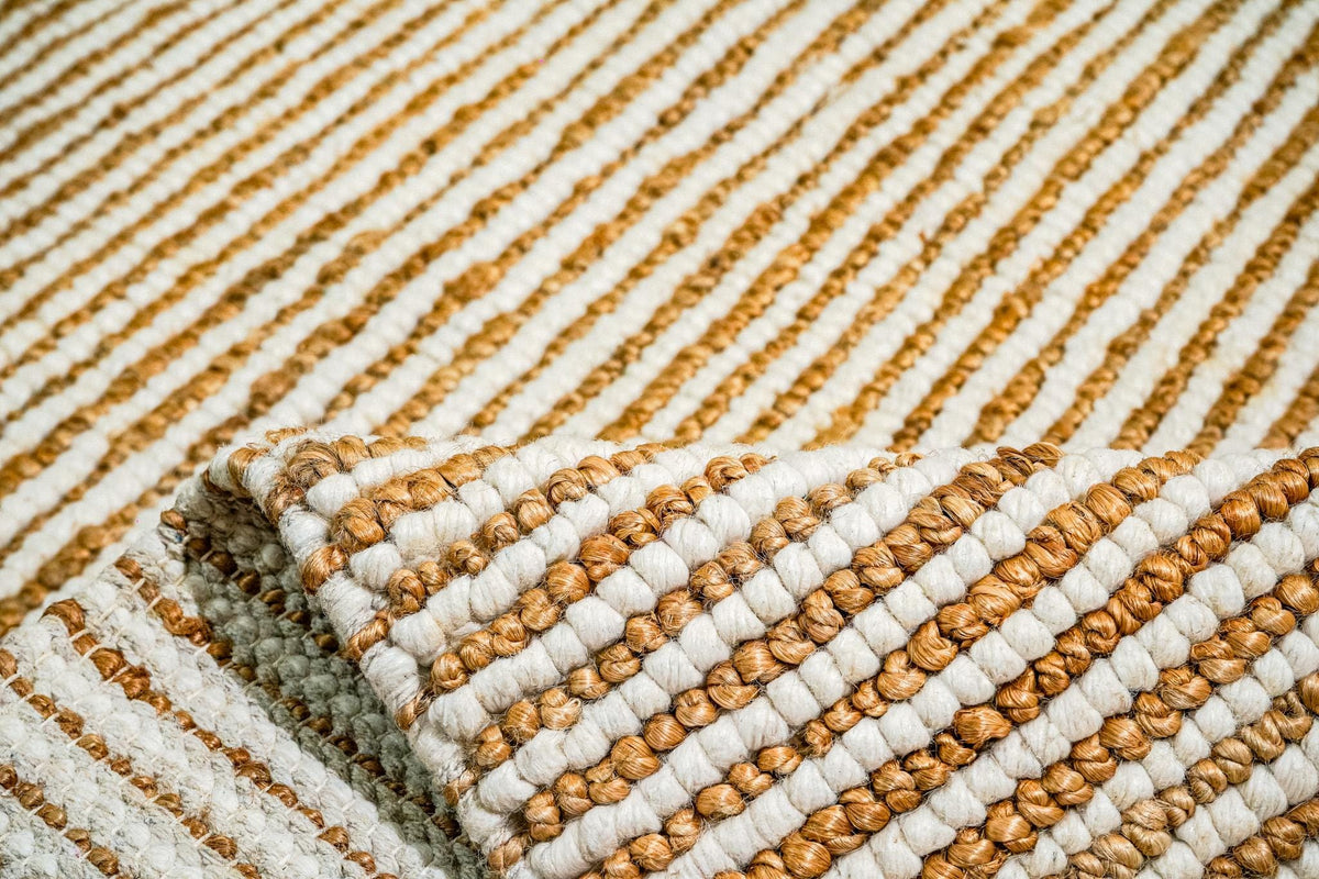 Handwoven Natural Ivory Striped Pebble weave Chunky Wool Jute Rug - Scandinavian Sustainable Modern Decor, Custom made in all sizes