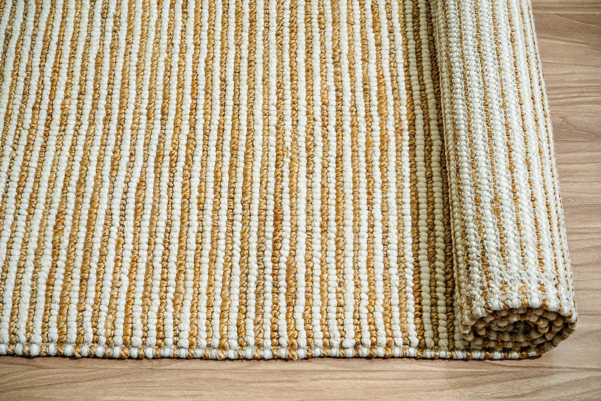 Handwoven Natural Ivory Striped Pebble weave Chunky Wool Jute Rug - Scandinavian Sustainable Modern Decor, Custom made in all sizes
