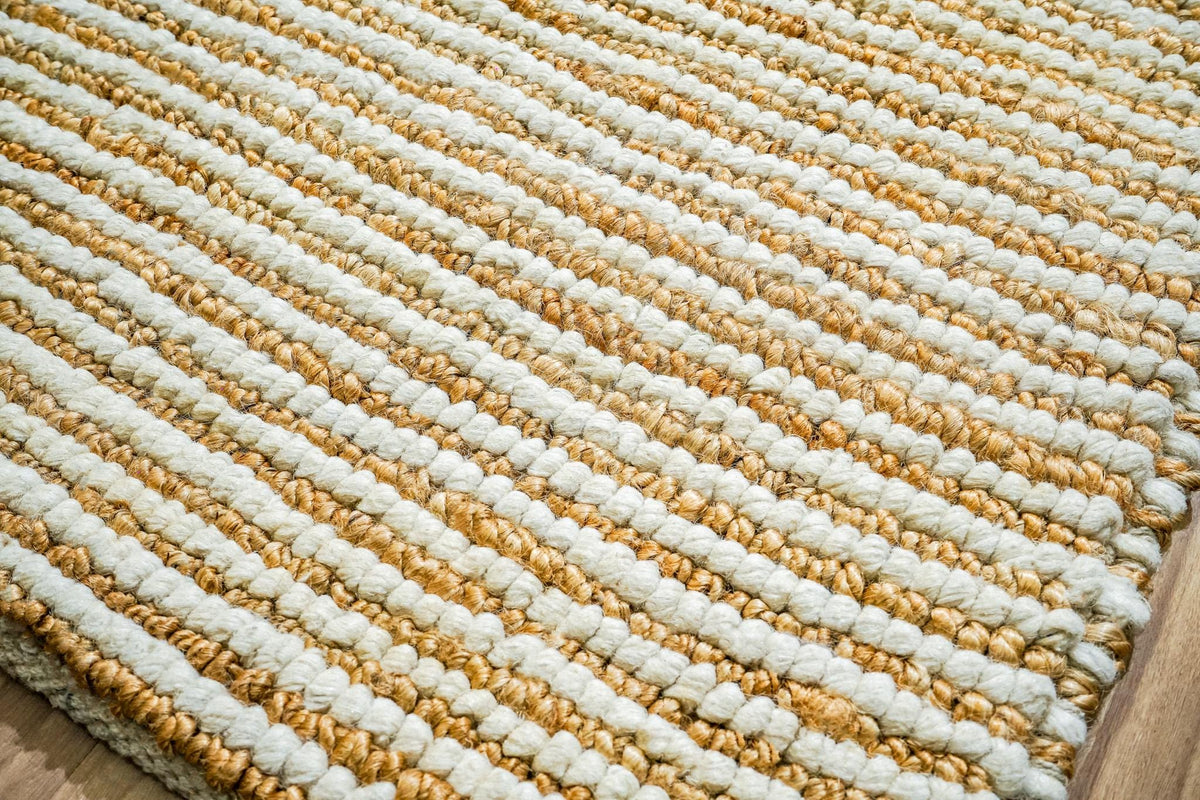 Handwoven Natural Ivory Striped Pebble weave Chunky Wool Jute Rug - Scandinavian Sustainable Modern Decor, Custom made in all sizes