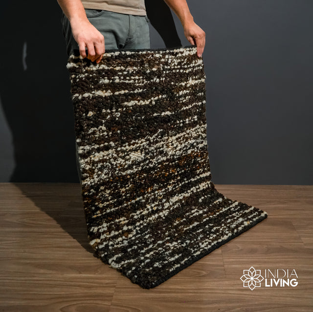 Multicolour handcarded wool rug, flat lay view