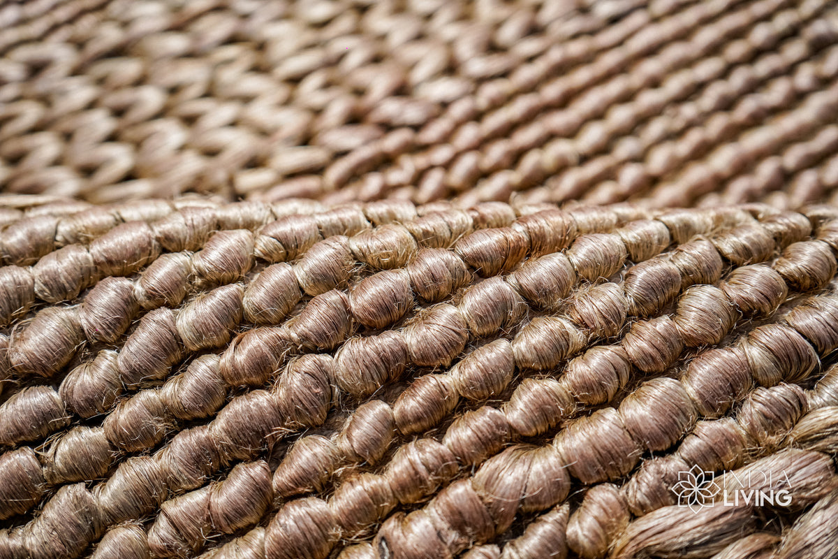 Handwoven jute rug full view on flooring