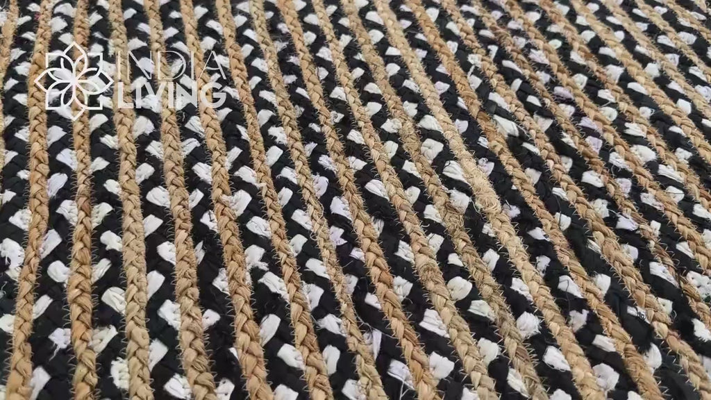 Handmade Black White Striped Jute Rag Braided Rug Eco -Friendly and Durable, Perfect for Rustic Home Decor in Living Room, Bedroom & Kitchen