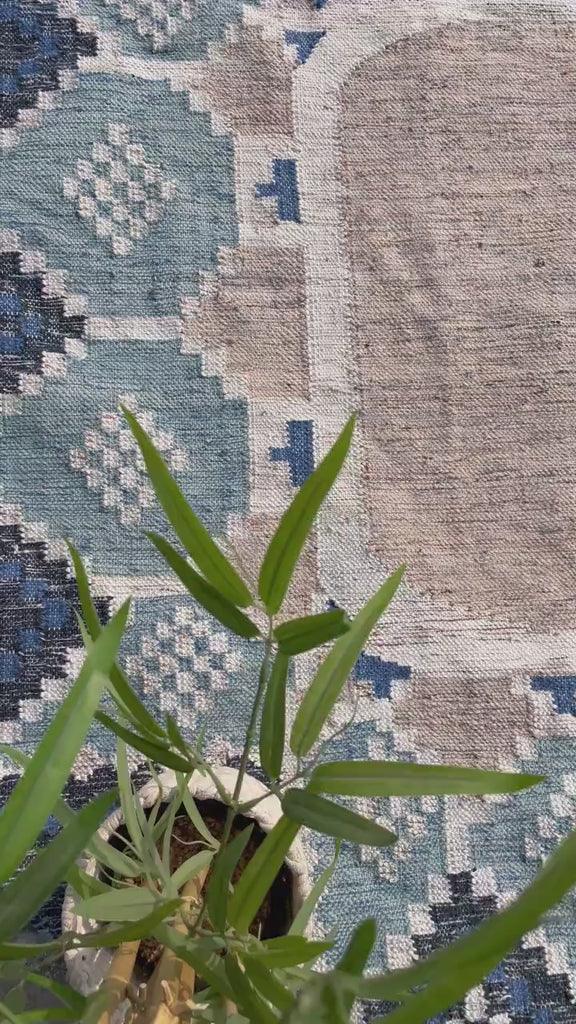 Blue Moroccan Kilim Oval Rug - Bohemian inspired Sustainable Tribal Abstract indoor outdoor Decor oval rug, Eco-friendly