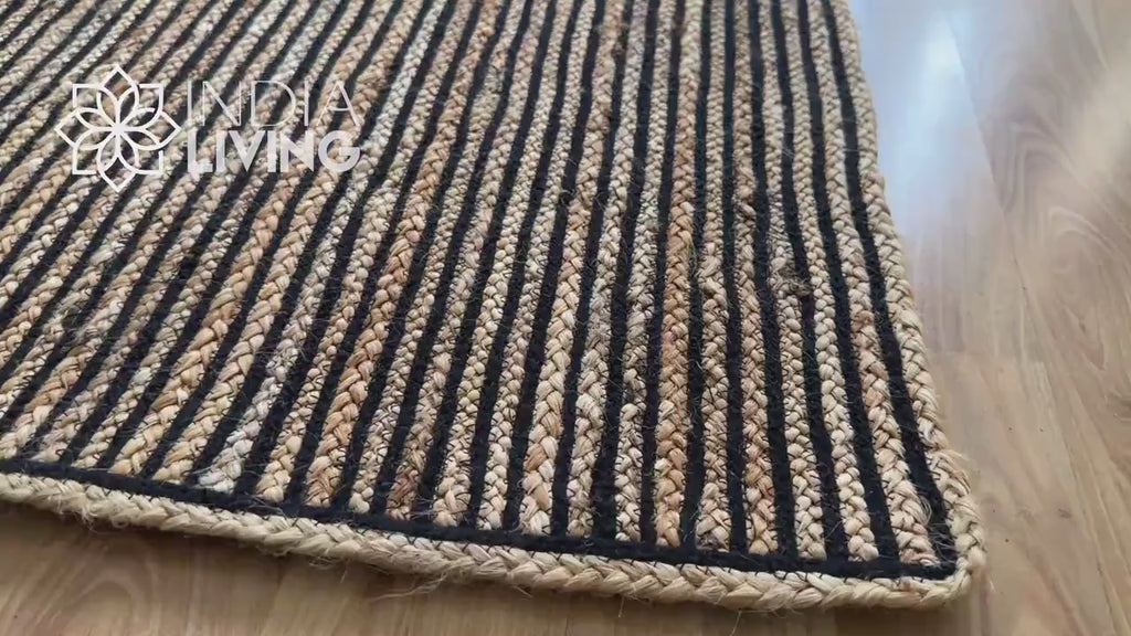 Black Striped Natural Jute Rug, Hand braided Sustainable Natural fibre rug, Braided rug, Custom made in all sizes