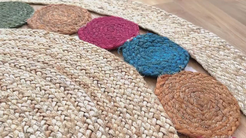 Natural Jute round Rug with Medallions, Braided Boho Rug, Multicolour Boho Jute Placemat, Living room, Eco friendly, Coastal, Sustainable