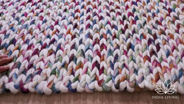 Handwoven Rainbow Cable Knit Chunky wool rug, Cozy Pet Friendly Modern Scandinavian decor - Custom made in any size