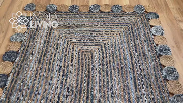 Denim blue Chindi Striped Jute Rag Rug - Sustainable Home Decor - Natural Textured - Custom made 4x6 5x8 6x9 8x10 9x12