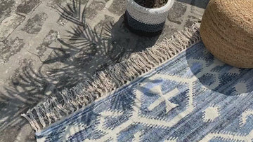 Denim Blue Abstract Bohemian Style Tribal Aztec Flat weave wool Area Rug Hand woven Sustainable Boho decor, Customization available